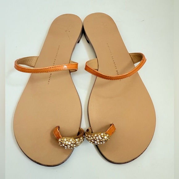 Giuseppe Zannoti Pumpkin Orange Patent Leather rhinestone toe ring sandals EU 39 - Picture 2 of 10